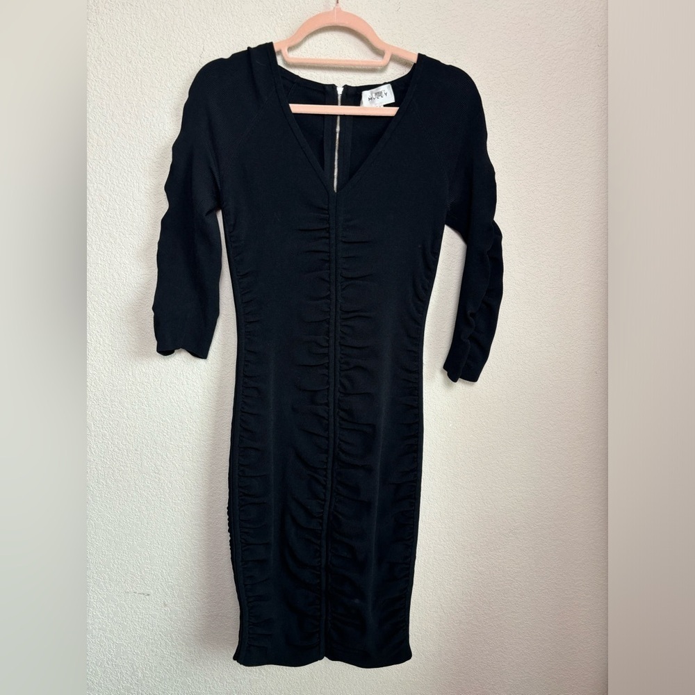 Milly Black Shirred Ribbed V-Neck Bodycon Knee Length Dress S - Picture 3 of 11